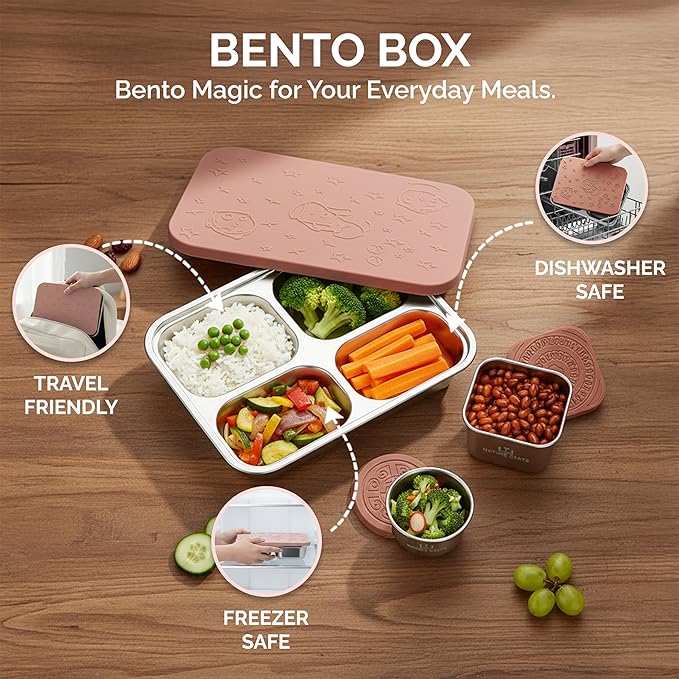 Stainless Steel Lunch Box for Kids 5 and Older – 3 Pieces Stainless Steel Bento Box with 4 Compartments & 2 Snack Containers – Leak Proof, BPA-Free, Eco-Friendly, Dishwasher Safe & Durable – Pink