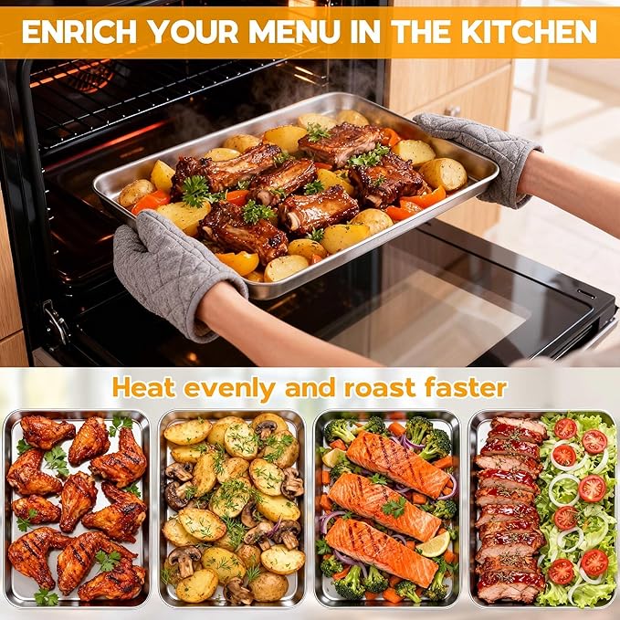 Onader Large Baking Sheet, 18 x 13 Inch Stainless Steel Half Sheet Baking Pans for Oven, Commercial Metal Cookie Pan Tray for Roasting Cooking, Mirror Finish & Dishwasher Safe, 2-Pack