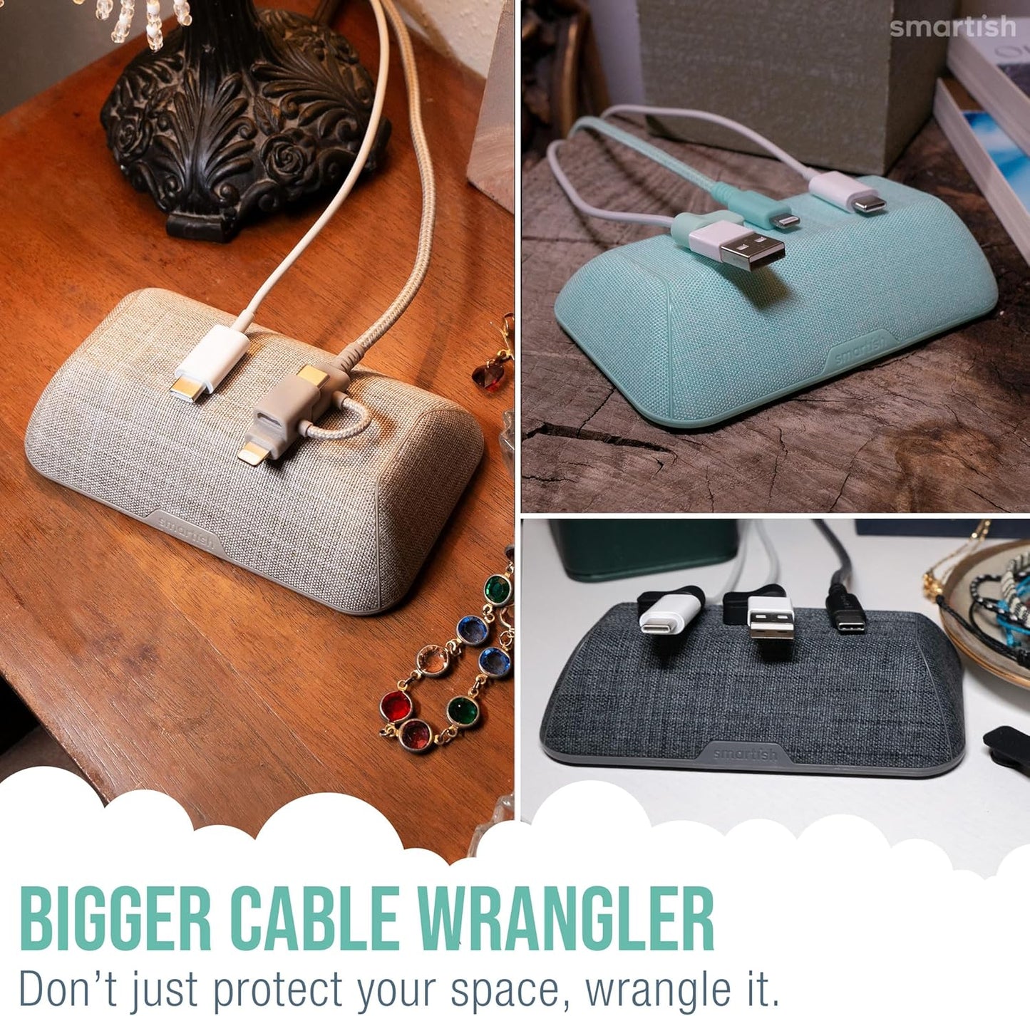 Smartish® Magnetic Cord Holder - Bigger Cable Wrangler Organizer with Magnet Clips for Charger Management on Desktop, Nightstand, or Side Table - Holds 6+ Cables - Lightly Toasted Beige