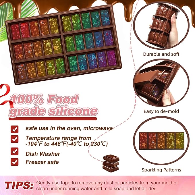 Ziliny Star Holographic Chocolate Bar Mold Silicone, Rainbow Light Effect Chocolate Bar Deep Thick Molds for DIY Candy Dessert Baking, Candy, Wax Melts, Cake Decoration (Rectangle)