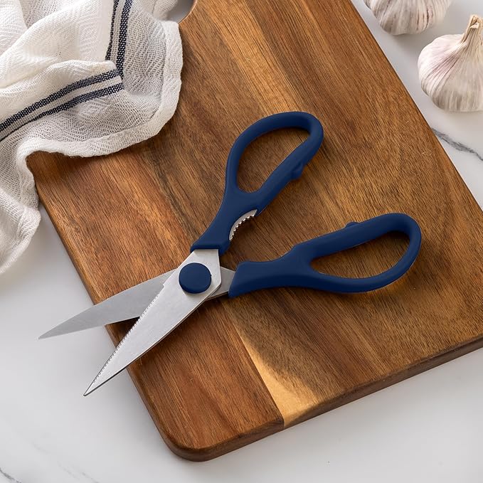 Rae Dunn Kitchen Scissors- Stainless Steel Kitchen Shears, Cooking Scissors for Cutting Meat, Chicken, Herbs and Produce with Blade Cover and Soft Grip Handles (Blue)
