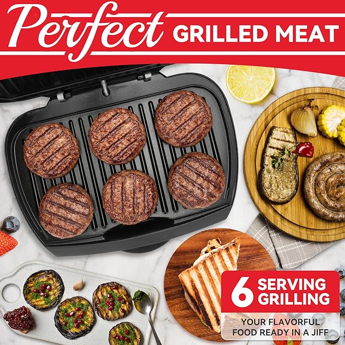 SugarWhisk Family-sized Contact Grill, 6-Serving Electric Indoor Grill with Adjustable Temp Control, Ceramic Coating, 1500W, Graphite