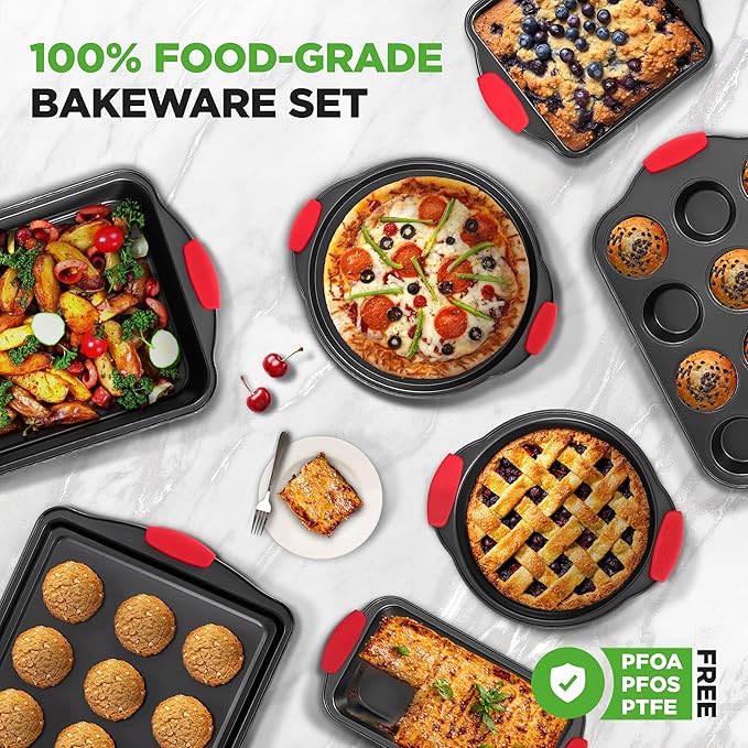 NutriChef 10‑Piece Non‑Stick Bakeware Set – Premium Carbon Steel Baking Pans Set with Silicone Handles – Oven & Dishwasher Safe – Complete Baking Sheet Set for Cookies, Muffins, Loaf, Pizza
