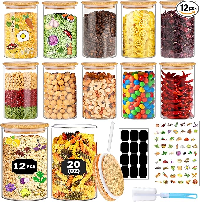 BGraceyy Glass Jars with Bamboo Lids 20 oz, 12 Pcs Stackable Kitchen Glass Pantry Storage Containers with Airtight Bamboo Lids for Rice, Candy, Sugar, Flour, Nuts, Cookie, Bean