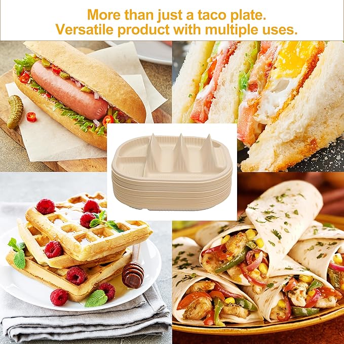 Small Disposable Taco Plates With Dipping Sides - 20 Pack, Biodegradable Cornstarch Taco Holder, Mini Size Fit 4-6 Inch Street Tortilla Shells, Sturdy & Microwave Safe, Bar Serving Set For A Party