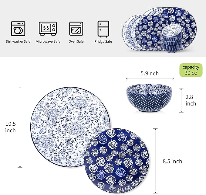 Selamica Ceramic Dinnerware Sets, 24 Pieces Dishes Set for 8, Embossed Plates and Bowls Sets for Holiday Celebrations, Dishwasher & Microwave Safe, Dark Blue