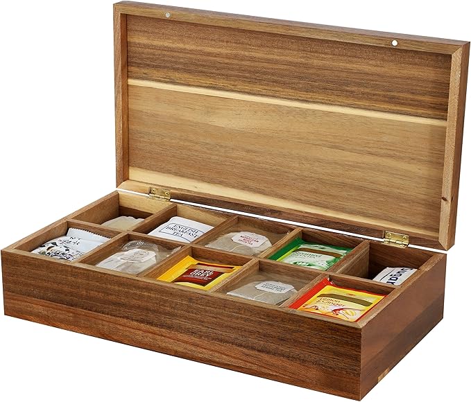 Elama Acacia Wood 14.25 x 7.5 Inch 10 Compartment Tea Box, Tea Bag Organizer, Magnetic Lid, Kitchen Storage