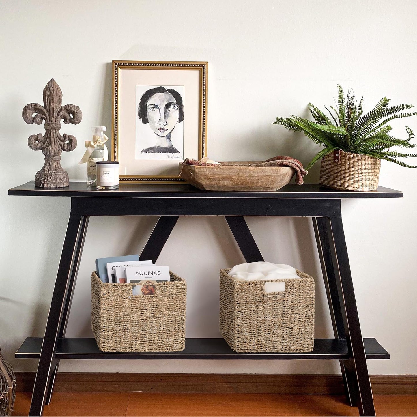 Seagrass Storage Baskets, 12X12X10in Cube Wicker Storage Basket for Shelves, Pantry Baskets Organization and Storage, Kitchen Storage Baskets, Bathroom Shelves Storage Basket Set of 3