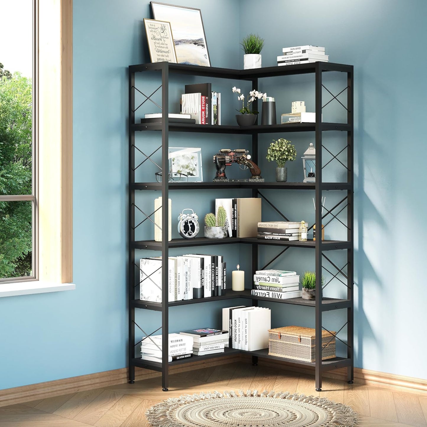 6-Shelf Corner Bookshelf, Vintage Industrial Etagere Bookcase, Large Book Shelf With Metal Frame Open Storage Cabinet (Black, Small)