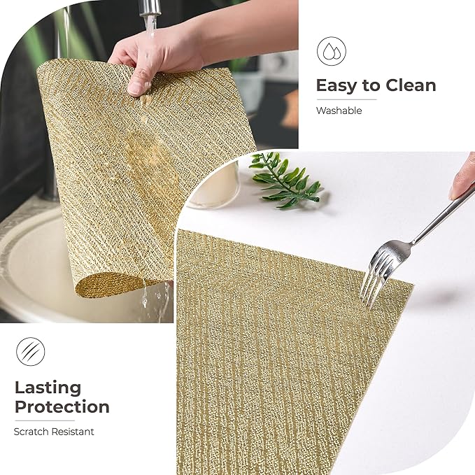 Leetaltree Gold Placemats Set of 4 - Heat Resistant Non-Slip Place mats for Dining Table, Washable Durable PVC Vinyl Woven Table Mats(Luxury Gold, 4)