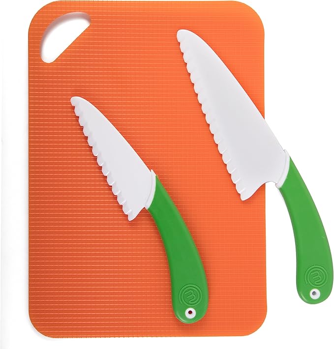 MasterChef Junior Kids Knife & Cutting Board Set- Includes Real Cutting Tools and 15 Cooking Baking Recipes- Silicone Non Slip Grip for Easy Use & Food Safe for Children- Party Activity Supplies Gift