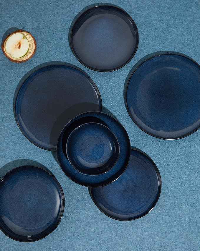 18 Piece Stoneware Dish Set for 6, Reactive Glaze Ceramic Plates and Bowls Set | Coastal‑Inspired Irregular Design for Casual Entertaining & Intimate Dinners | Dishwasher & Microwave Safe