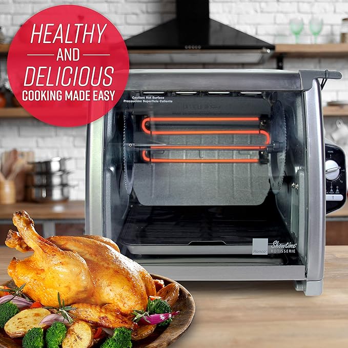 Ronco Showtime Large Capacity Rotisserie & BBQ Oven Modern Edition, Simple Switch Controls, Silicone Door Tie, Perfect Preset Rotation Speed, Self-Basting, Auto Shutoff, Includes Multipurpose Basket