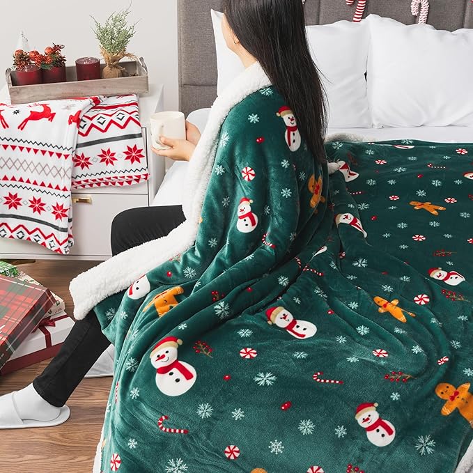 PAVILIA Premium Christmas Sherpa Throw Blanket | Christmas Decoration Gift, Fleece, Plush, Warm, Cozy Reversible Microfiber Holiday Blanket | Green Gingerbread - 60x80 Twin