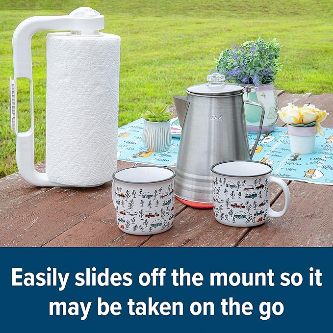 Camco Paper Towel Holder | Ideal for Compact Areas | Features Mountable Design and Adjustable Side Knob | Black (57115)