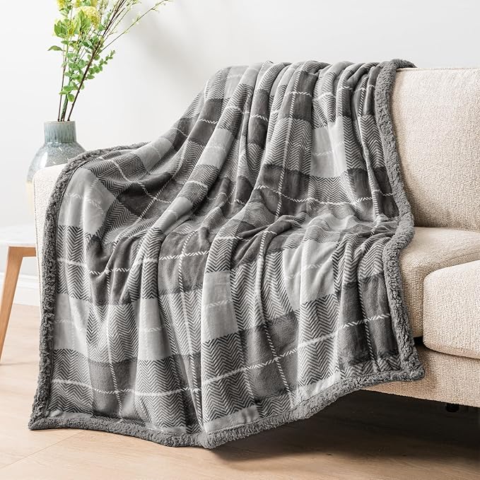 Pavilion Light Grey Plaid Sherpa Throw Blanket for Couch Twin, Plush Flannel Fleece Throws, Soft Fuzzy Cabin Blanket for Sofa Bed, Warm Cozy Winter Gift, 60x80