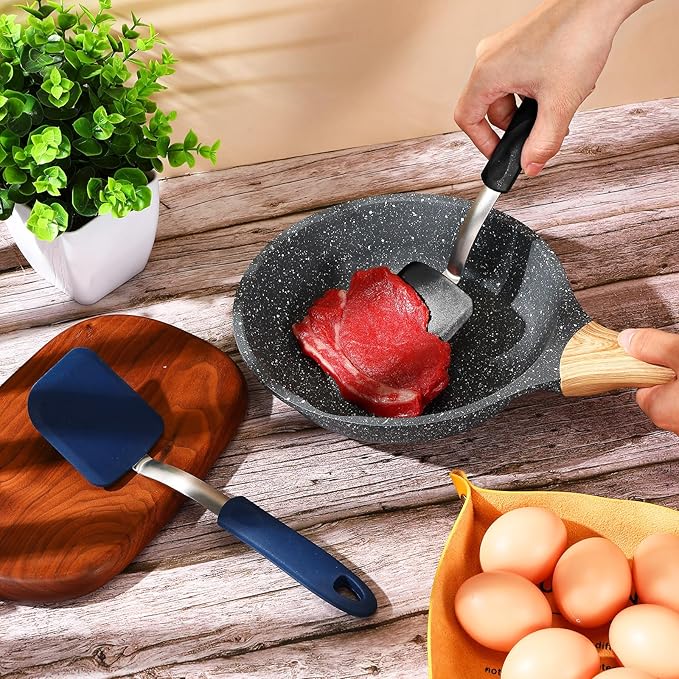 Silicone Cookie Spatula Turner 2 Pack Mini Brownie Spatula Flexible Kitchen Small Silicone Turner for Nonstick Cookware Heat Resistant No Scratch Flipper for Egg Pancake(Black,Blue)