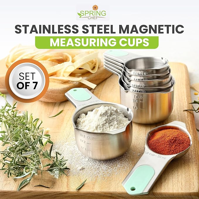 Spring Chef Stainless Steel Magnetic Measuring Cups, Set of 7 & Magnetic Measuring Spoons, Set of 8 with Leveler - 2 Product Bundle - Mint