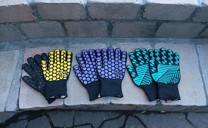 J H Heat Resistant Oven Glove:EN407 Certified 932 °F, 2 Layers Silicone Coating, Oven Mitts for Cooking, Kitchen, Fireplace,Camping, Grilling (Black/Purple, Regular Cuff)