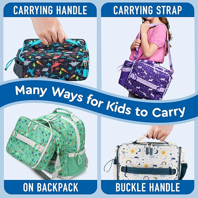 Bentgo Kids Lunch Bag - Durable, Double-Insulated Lunch Bag for Kids 3+; Holds Lunch Box, Water Bottle, & Snacks; Easy-Clean Water-Resistant Fabric & Multiple Zippered Pockets (Bug Buddies)