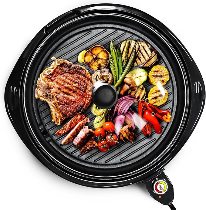 Elite Gourmet EMG-980BX Large Indoor Electric Round Nonstick Grill Cool Touch Fast Heat Up Ideal Low-Fat Meals Dishwasher Safe Includes Glass Lid, 14", Black