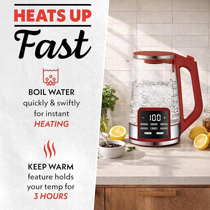 Gourmia Electric Glass Kettle – 1.7L Programmable Tea & Coffee Brewer with Digital Touch Display, 6 Presets, Removable Stainless Steel Infuser, Cordless with 360° Swivel Base, Red