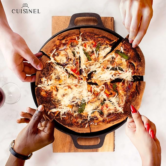 Cuisinel Cast Iron Pizza Pan 13.5-Inch – Pre-Seasoned Round Baking Stone for Oven, Grill & Stovetop – Heavy-Duty Skillet Alternative for Crispy Crust Pizza, Flatbreads & Roasting