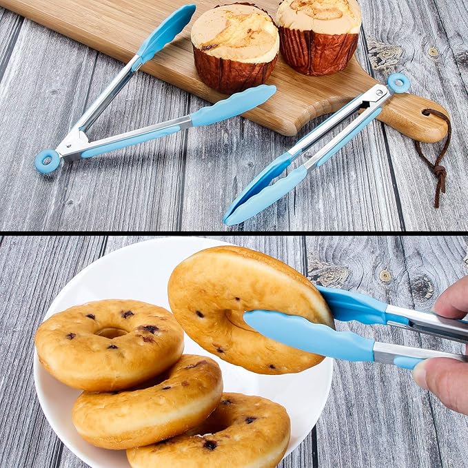 MSY BIGSUNNY Kitchen Food Tongs - 7" Mini Silicone Serving Tongs - Set of 3 (Blue)