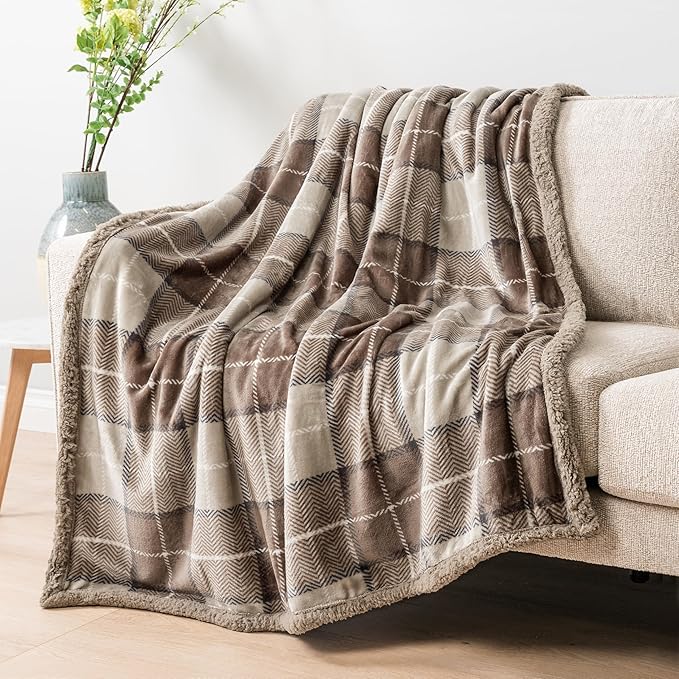 Pavilia Taupe Plaid Sherpa Throw Blanket - Plus Plush Flannel Fleece Blanket - Warm Cabin Sofa Bed Winter Throws 50x60