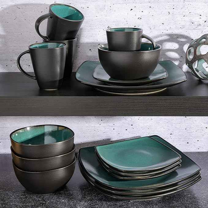 Gibson Elite Soho Lounge 16-Piece Reactive Glaze Dinnerware Set – Teal and Black Tutone Stoneware Plates and Bowls