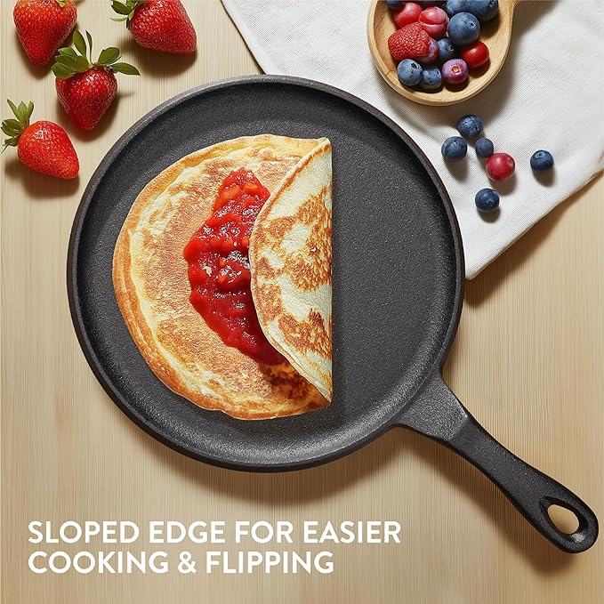 Navaris Cast Iron Griddle - 10"(25cm) Pre-Seasoned Crepe Pan with Ergonomic Handle, Comal for Tortillas - Pancakes, Tawa Roti - Oven, Stovetop, Grill, Induction & Campfire Skillet