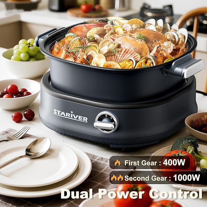 Stariver 3L Non-Stick Hot Pot Electric with Dual-Power Control,Electric Shabu Shabu Pot with Removable Pot, Electric Pot with Tempered Glass Lid for Party, Family Gathering（Silver）