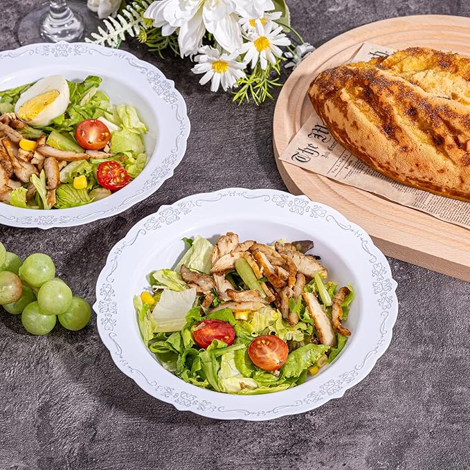 DaYammi 30 Pack Plastic Bowls with Silver Rim, 12oz Disposable Soup Bowls, Heavy Duty Dinner Bowls for Weddings, Parties, Dinners, Catering and Everyday Use