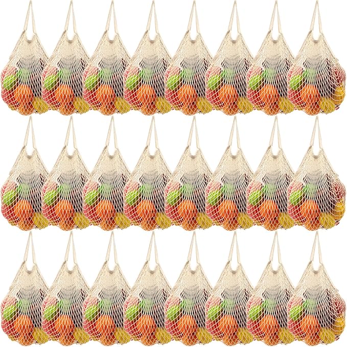 Woanger 24 Pcs Reusable Cotton Mesh Produce Shopping Bags Washable Grocery Net Portable Fruit and Vegetable Cotton String Bags Long Handle Net Tote Organizer(Short Handle)