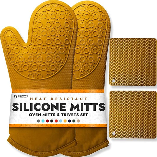 BPA-Free Soft Silicone 4 Piece Oven Mitts & Trivets Set - Ultra Heat Resistant Oven Mitts with Thick Cotton Liner - Long Slip Resistant Pot Holders, Flexible Oven Gloves - Yellow