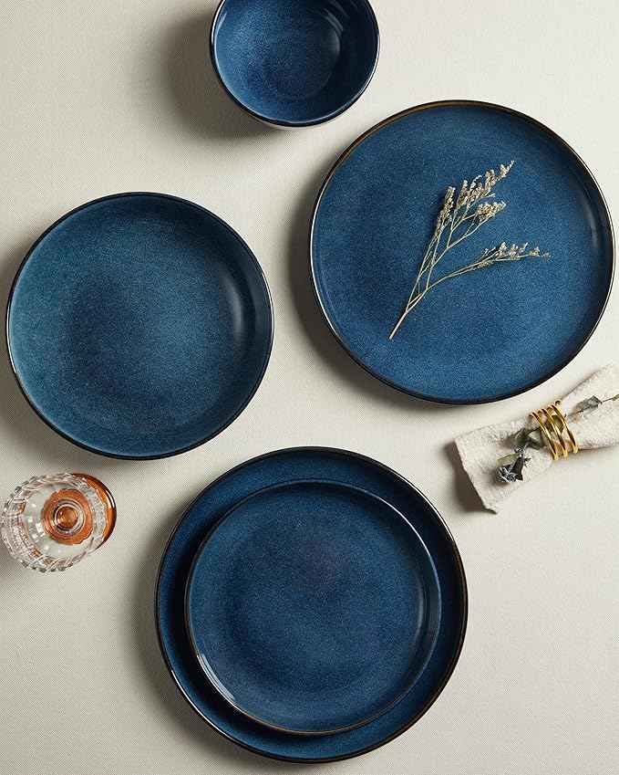 16 Piece Double Bowl Dinnerware Sets with Pasta Bowls, Highly Chip and Crack Resistant Plates and Bowls Sets, Natural Earthyware Ceramic Dishware Sets, Service for 4 Starry Blue