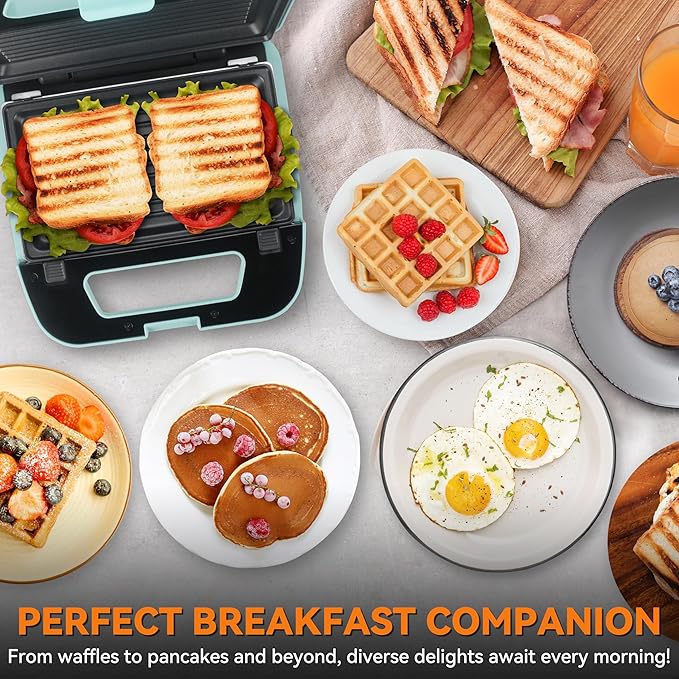 Baker’s Friend 3 in 1 Mini Waffle Maker with Removable Plates, Mini Pancake Maker, Grilled Cheese Maker, Breakfast Sandwich Maker Press, Indoor Grill, Belgian Waffle Maker, Aqua