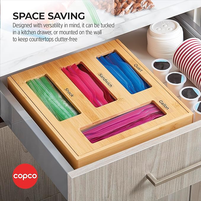 Copco 4 Compartment Storage Organizer for Gallon, Quart, Sandwich, and Snack Bags with Clear Labels, With In Drawer or Wall Mounting Feature For Space Saving