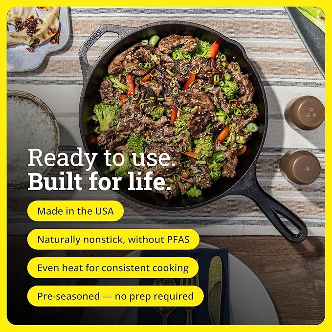 Lodge Seasoned Cast Iron Skillet - PFAS-Free, Non-Toxic Cookware - Use with an Oven, Stove, Grill, or Campfire - Naturally Non-Stick & Oven Safe - 12 Inches