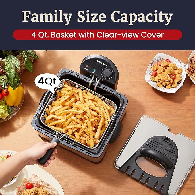Elite Gourmet Electric Deep Fryer 4.2 Quart Oil Capacity with Temperature Knob, 1 x 4Qt Basket, Powerful 1700 Watts, Lid with Anti-Odor Filter & Viewing Window, Stainless Steel