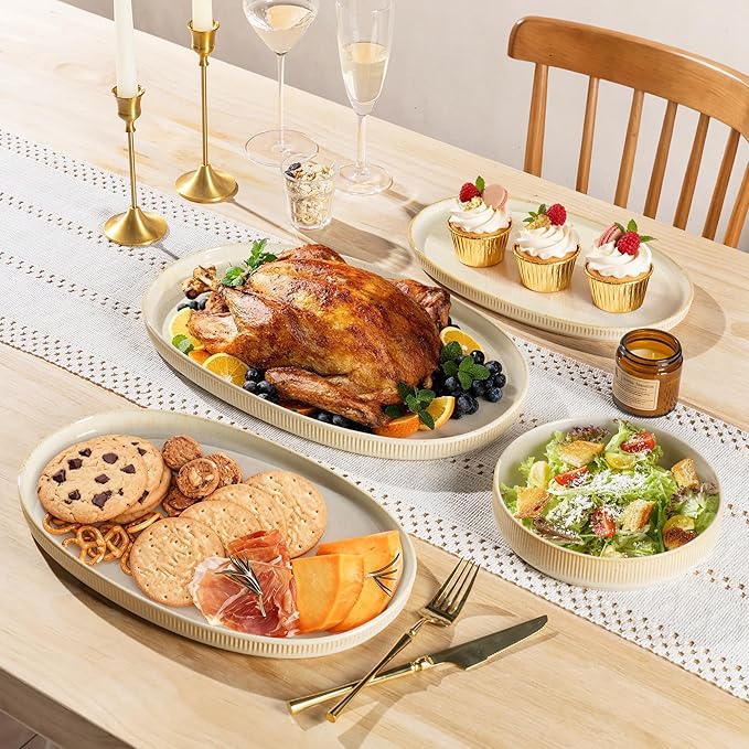 theterra Ceramic Serving Platter, 15.6"/14.4"/12.2" Oval Serving Dishes for Entertaining, Oven Safe, Microwave Safe, Serving Plates Set of 3 for Wedding, Party, Turkey, Cappuccino