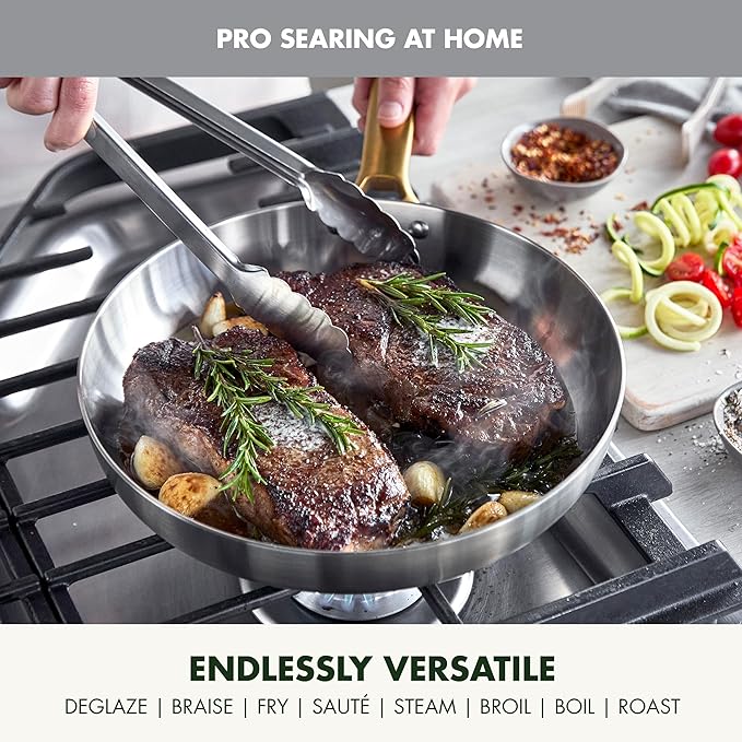 GreenPan Stainless Steel Tri-Ply Reserve 10” and 12” Frying Pan Skillet Set, Multiclad Cookware, Induction, Oven & Broiler Safe to 600°F, Heat Responsive Core, Dishwasher Safe, Gold Handles