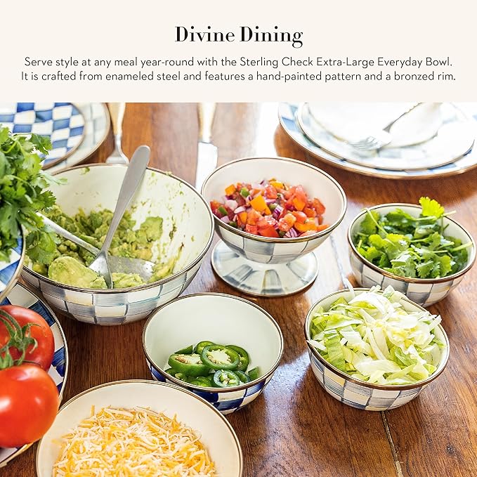 MACKENZIE-CHILDS Enamel Everyday Bowl, Serving Bowl for Entertaining, Extra-Large, Gray-and-White Sterling Check, Set of 1