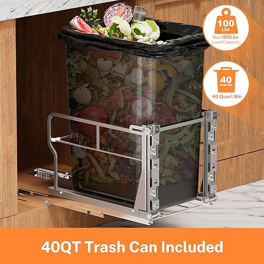 YJHome Pull Out Trash Can Under Cabinet with Tiltable 10° & 40Qt Garbage Can, Cabinet Trash Can Pull Out Kit, Easy to Take Out Bin for Minimum Cabinets Opening 12" W
