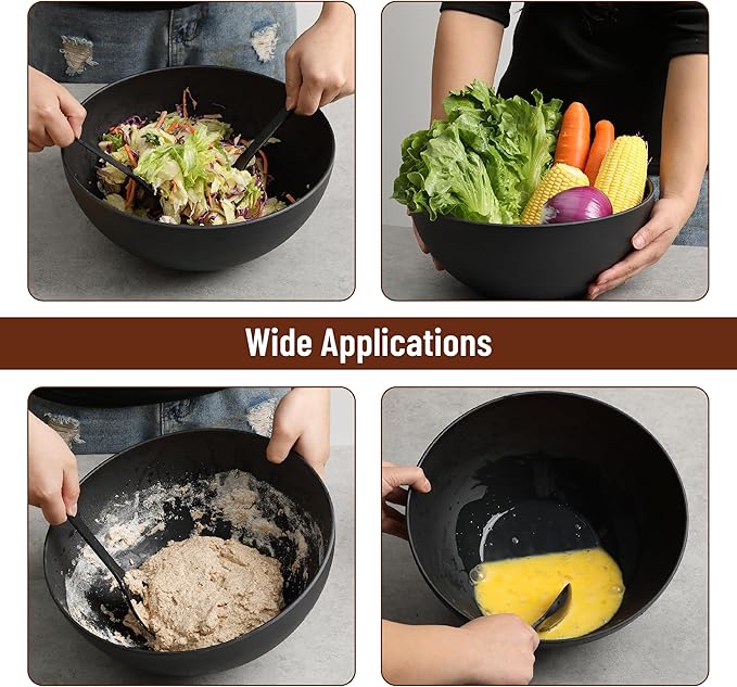 BAMBOO LAND- Extra Large Salad Bowl with Wooden Lid, 11.6 Inch, Black Bamboo Fiber Salad Bowl with Serving Utensils