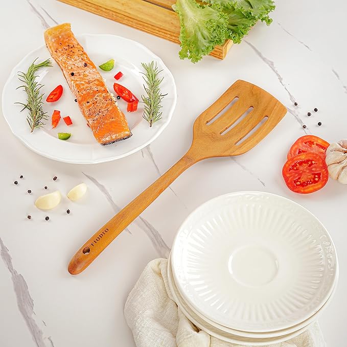 Teak Wooden Spatula, Spoons & Slotted Turner for Cooking – Natural Non-Stick, Handcrafted Kitchen Utensils with Comfort Grip & Microfiber Cloth