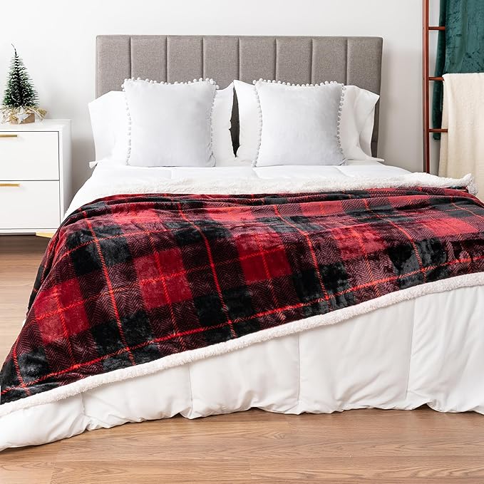 Pavilia Red Plaid Sherpa Throw for Twin, Plush Flannel Fleece Blanket and Throws, Soft Fuzzy Cabin Blanket for Sofa Bed, Warm Cozy Winter Gift, 60x80