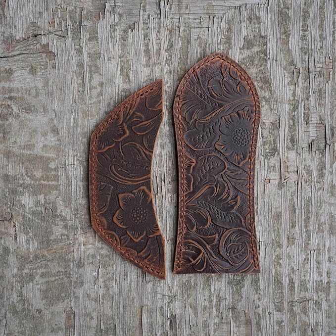 JJNUSA Leather Cast Iron Handle Cover，Skillet Handle Cover, Handmade Full Grain Crazy Horse Leather Handle Protector (2 Pack) Flower Brown