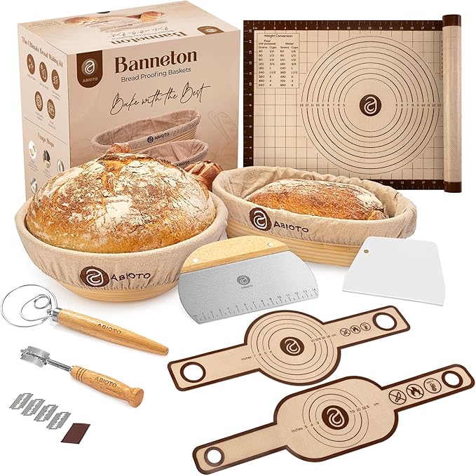 Banneton Bread Proofing Basket Set with Sourdough Bread Baking Supplies, A Complete Sourdough Starter Kit with Bread Lame, Danish Whish, Bowl & Dough Scraper, 2 Bread Slings, and Baking Mat