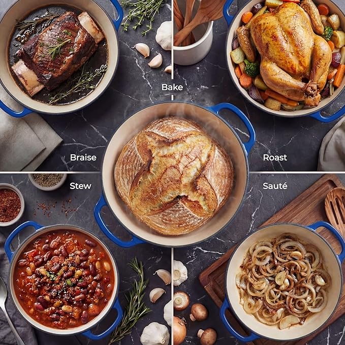 Zulay Kitchen 7.7 Quart Enameled Cast Iron Dutch Oven Pot with Lid – Premium Durability & Oven Safe up to 500°F – Heavy Duty Cookware Perfect for Bread Baking, Stews, Braising & Roasting – Blue